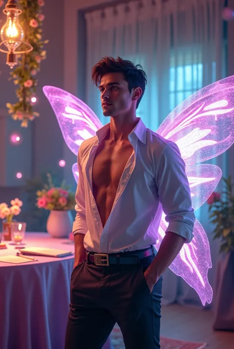 In a luxurious fairy event planning office, a tall, handsome, muscular young man with flawless skin stands amidst floating holograms of upcoming event designs. His high cheekbones and strong jawline are accentuated by the ambient lights, while his colorful...