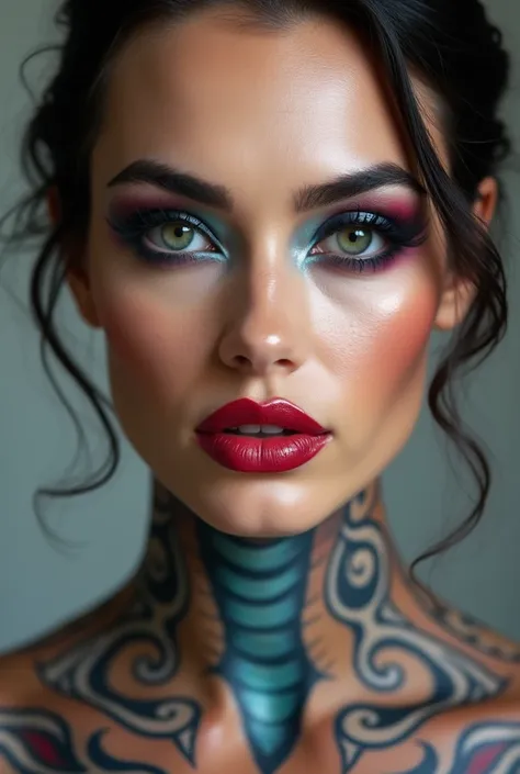 a beautifully made-up face like woman but it’s actually a man, you can see that it is not made up with cosmetics, but with foundation, eyeliner, blue eye shadow, thin line eyebrows, glossy puffy lipstick, etc. All the colors of the makeup are reproduced in...