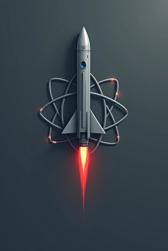  The logo of a missile with an atom in the background, It must be lead gray with blue and red details 

