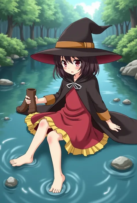 Megumin, anime,  has fallen into water ,  medium short dark brown hair ,  black witch hat , Red Eyes,  red dress with yellow hem , long brown cape ,  sits barefoot in a river ,  looks embarrassed,  her brown boots with a light brown cuff in her right hand 