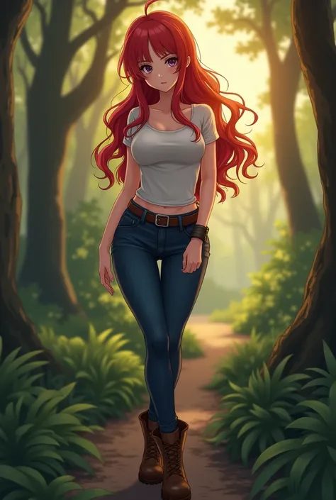 sexy anime girl, full body ,very long red hair,about an eye, tight dark blue jeans,costa ,short sleeves,evening,forest, t-shirt showing her big butt , brown belt ,scared brown boots