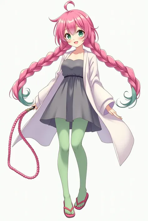 Chica anime .  pink hair green tips with two large braids.  green eyes.  Black dots under the eyes .  Gray dress with semi-bare breasts  . haori blanco . pink whip .  Green tights pink flip flops  .