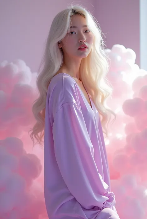 A korean girl with wavy, platinum blonde hair. She is posing in A studio setup decorated with clouds, soft pink and purple lighting. She has a pastel purple pyjama as outfit.