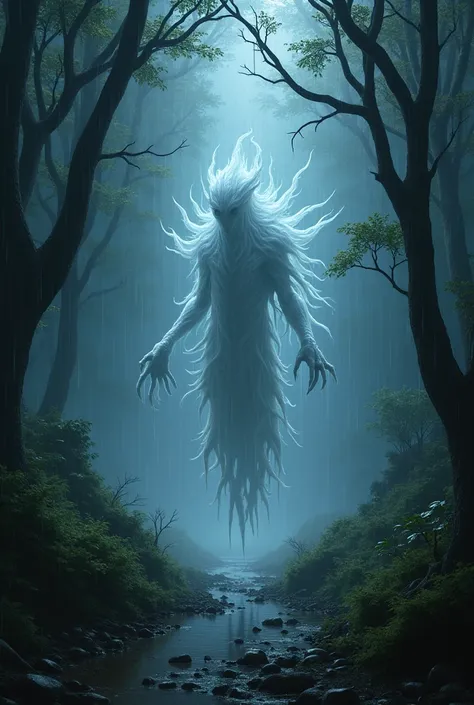  Creature from the uninerso Lovecraft that looks like ghostly mercury ,Shes in the woods on a rainy night 