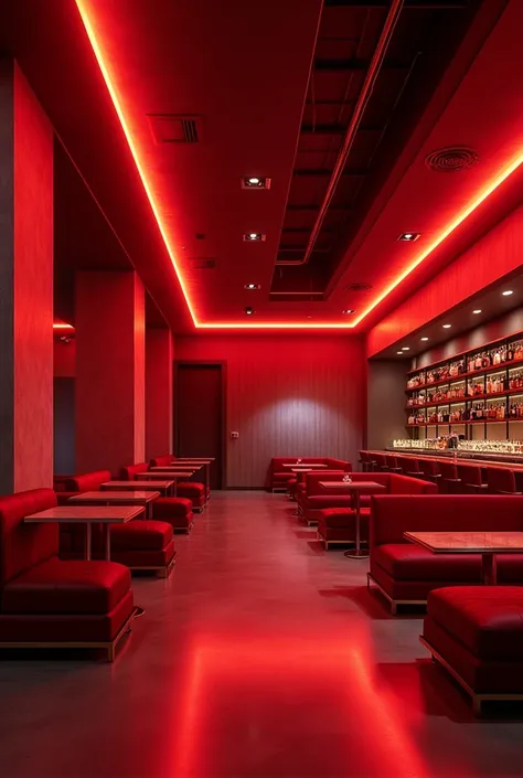 a large modern bar, with light red neon lights, with seating niches