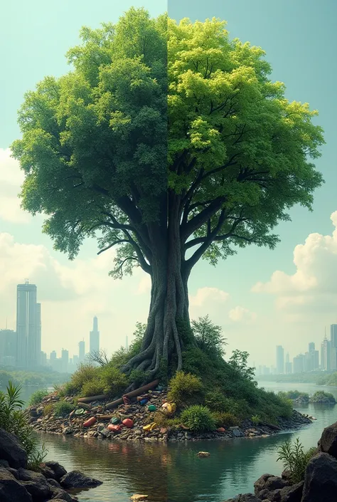 Generate a tree in the middle of the image ,  but that in one half it is one half contaminated and with garbage around, And the other one that is surrounded by vegetation 