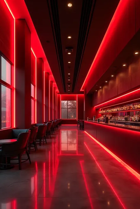 a large modern bar, with light red neon lights, with seating niches