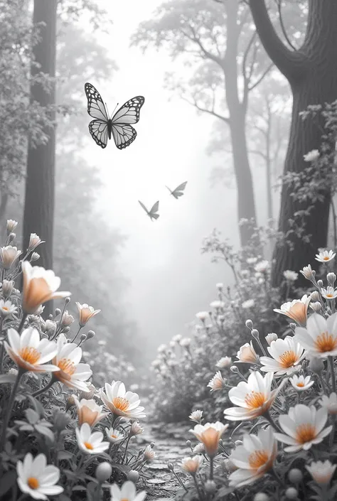  Realistic forest full of flowers with a butterfly,  all with defined and fine lines , painted all white . realistic 