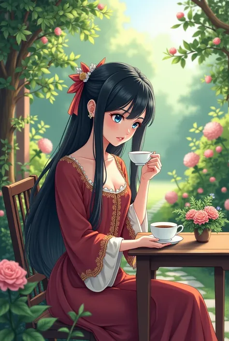 A woman in medieval clothing in a garden sitting at a table drinking tea 
Woman with black hair and blue eyes 
Looking down
Anime style