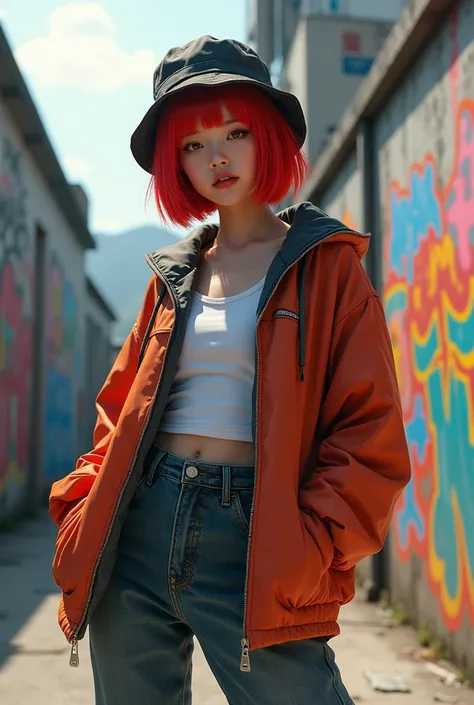 A korean girl with a short, red wig. She has a layered streetwear outfit with a bucket hat. She is posing dynamic on a rooftop with grafitti. The picture looks realistic.