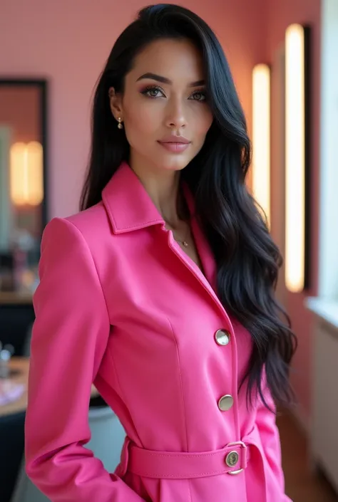 from afar and full length a beautiful light brunette beautician, brown eyes, long straight black hair, vibrant pink coat, facing the camera confidently, beauty room in the background