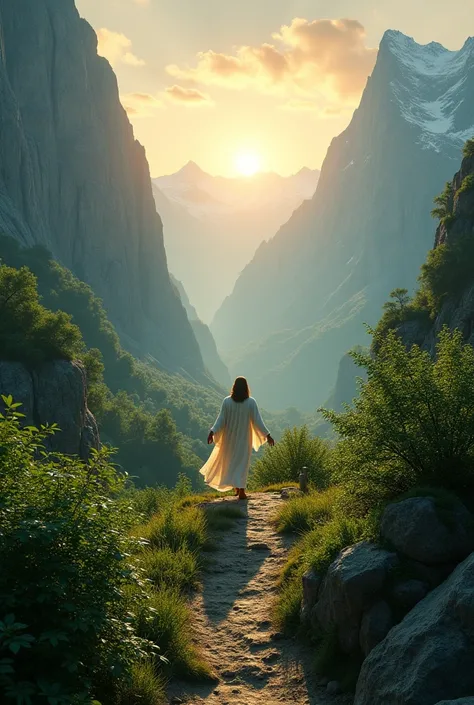  Two huge giant mountains with lots of greenery in the middle you can see everything from above , In the middle there is a wide spacious path and the Lord Jesus dances there and you can see the sunrise!!! 
