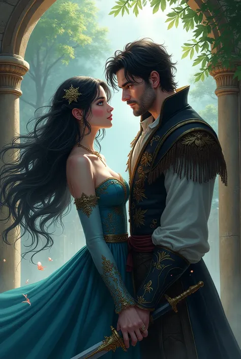 One day he came to tell me that a girlfriend needed to get a woman in medieval clothes and a man in medieval clothes 
Woman with black hair and blue eyes 
Man with black hair and red eyes 
Anime style