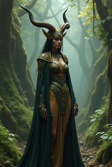 Extremely beautiful woman wearing a tribal mask with horns and a long cape with a burrow
