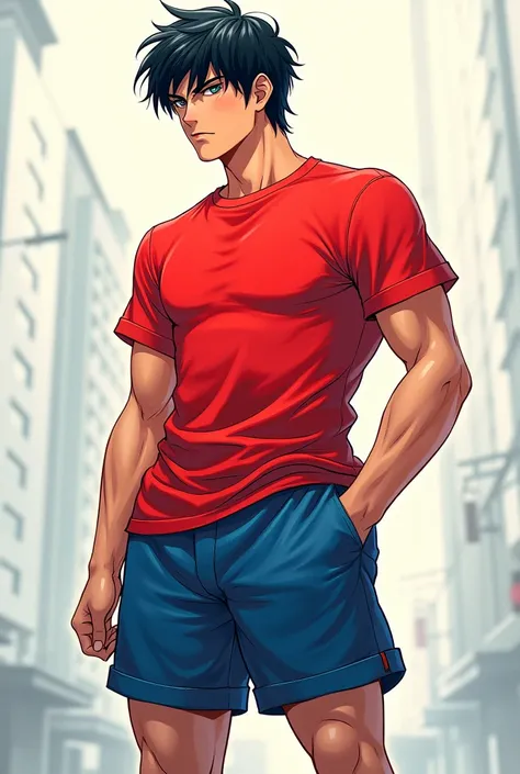 Design Tatsuya with blue shorts and red t-shirt