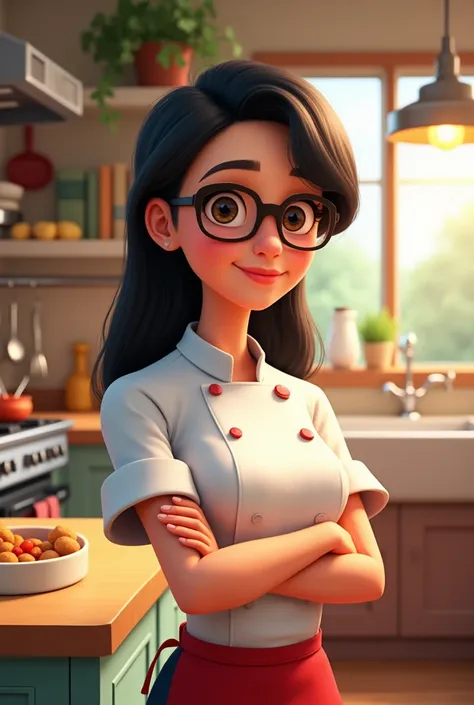 Disney Pixar female chef cartoon with long straight black hair , glasses, brown eyes,  crossed arms  
