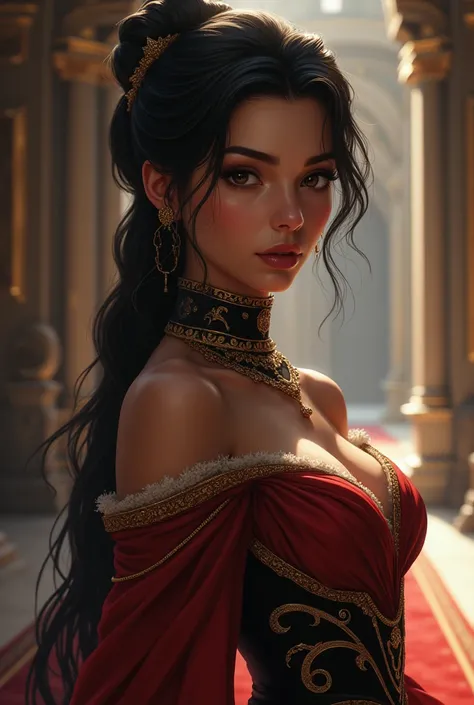 beautiful medieval woman with dark skin wearing a high collar dress, anime style