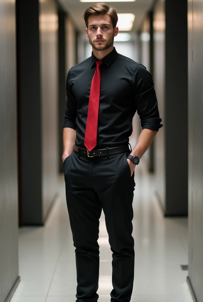 20-year-old man wearing black pants , red tie,  black shoes and black shirt rolled up his sleeves 