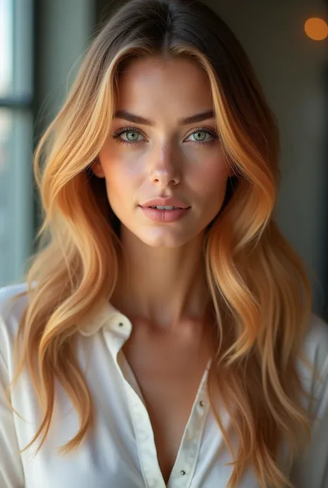 Create a blonde woman with green eyes with long hair with red highlights ,  blogging profession without a notebook without a hole in her chin a more feminine face