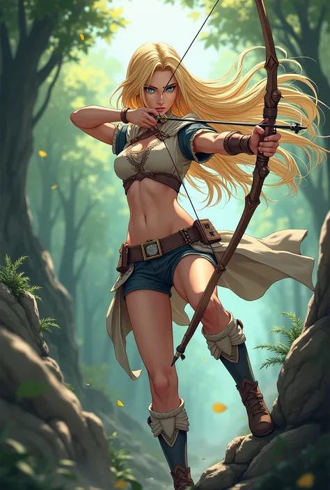 Beautiful female archer 
blonde hair 
Dressed in Hunters Rift in anime style