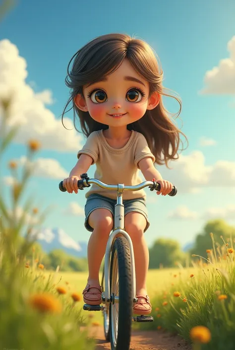 a girl riding a bicycle through a peaceful countryside, beautiful detailed eyes, beautiful detailed lips, extremely detailed eyes and face, long eyelashes, adorable expression, casual clothing, outdoor scene, lush green meadows, blue sky with fluffy white ...