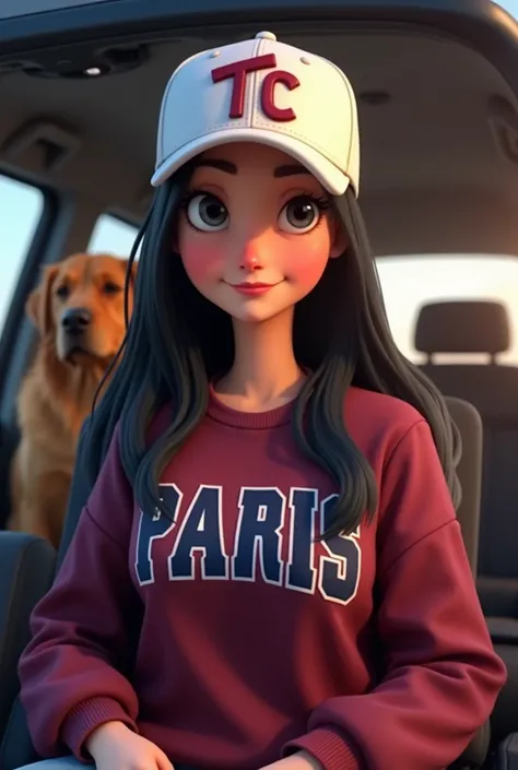 Woman 30 years, long black straight hair, wearing white baseball cap with the letters TC printed in burgundy thread with burgundy sweatshirt with the word Paris in navy bold print on it. Driving inside SUV black seats with large Golden Retriever in back se...