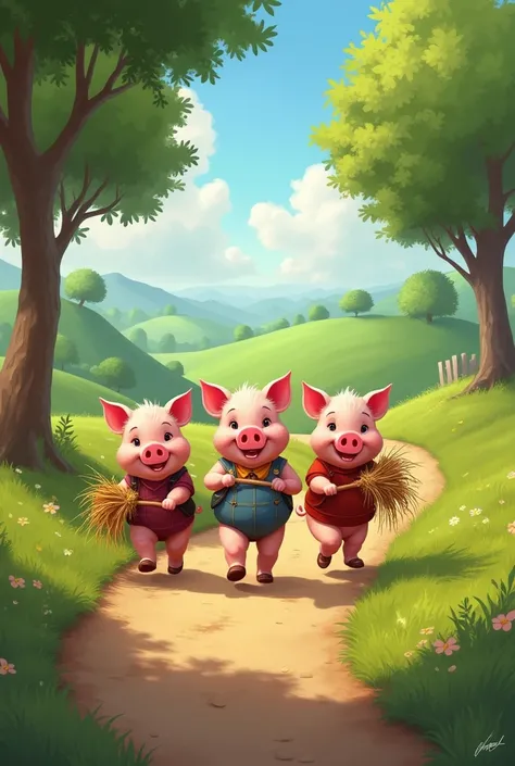 Make the 3 little pigs walking down a path and that you find straw for your little house

*But walking on two legs and with straw in hand and all 3 at the same pace)