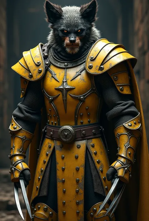 Realistic medieval Wolverine ,  wearing a metallic yellow and black knight suit ,  blend the characteristics of the hero Wolverine with the intricate details of medieval armor.  Holding a medieval axe .