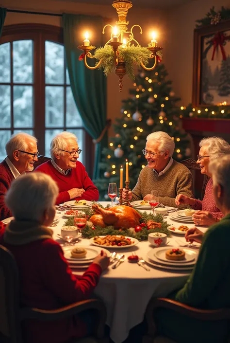 Make me a Christmas dinner for 5 grandparents accompanied by their older ren