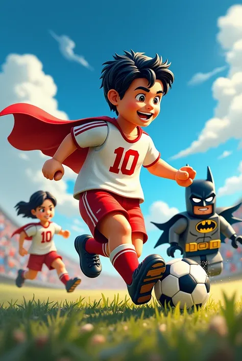 Superman y Batman en arte de lego, nocheA vibrant and dynamic illustration of a 16-year-old  with a bright, energetic smile, animatedly playing soccer with two friends on a lush, dirty field under a clear blue sky with a few puffy white clouds, wearing a w...