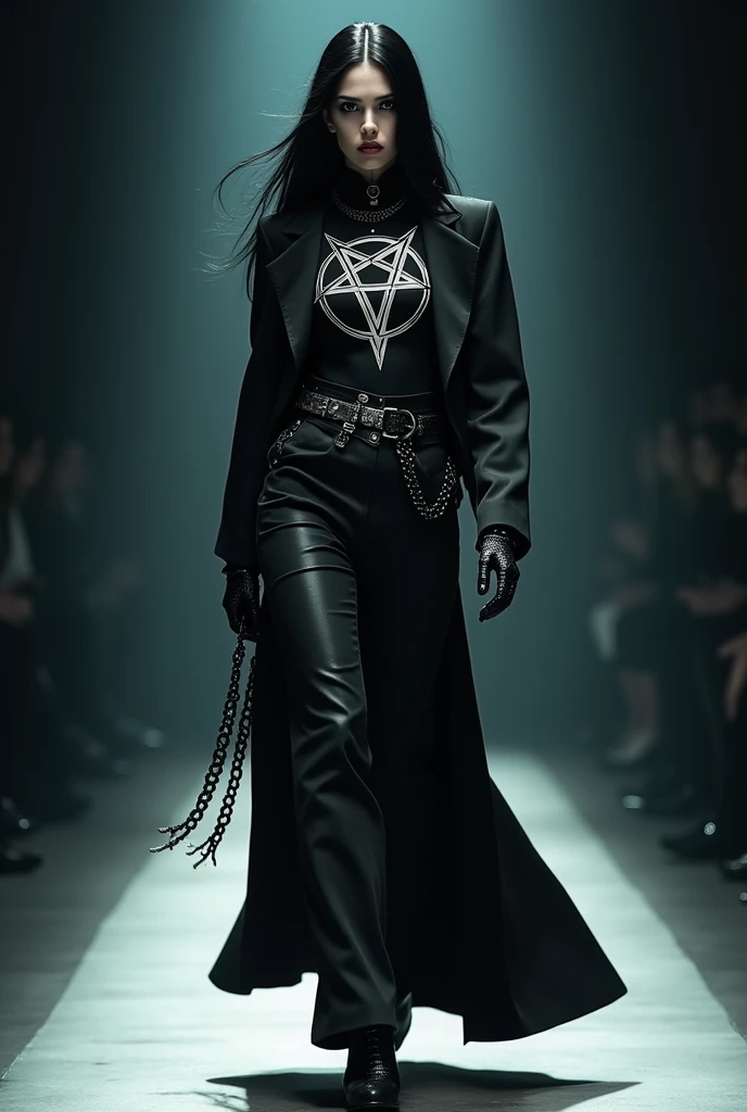 a fashion show, a black haired, evil model on a catwalk with a pentagramm