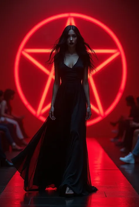 a black haired evil model walking on a catwalk, pentagram on the catwalk glowing red, high fashion couture show, dramatic lighting, moody colors, editorial style, intricate details, ultra-detailed, 8k, masterpiece, cinematic, dark and mysterious, dramatic ...