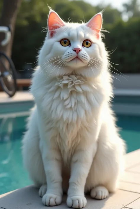 A real white Persian cat with a pro road bike with a realistic background pool 