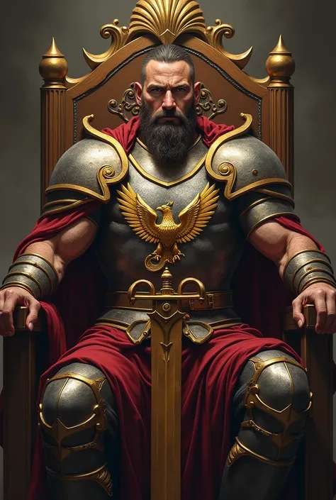  Create an image of a man, king, LEADER, fighter,  winning countless battles ,  with armor with the symbol of an eagle full of scars with a golden sword  , with a shell on the golden head ,  sitting on a throne  ,  in front wounded sword scars on the big c...