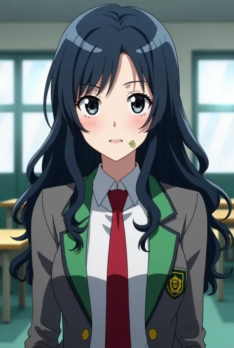  Screenshot of a girl from My Hero Academy 
Girl with a pretty face black eyes ,  an attractive body , wear uniform, red tie, gray coat with green   ,  snow-white skin ,  dark blue almost black hair , wavy,  has a scar on her face below her left eye 
Looki...