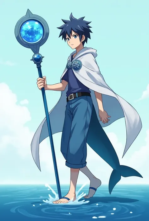 A teenage boy with sharks tail with a blue staff with a round tip with a shiny crystal with a white cloak with blue details walking on the water with a serious anime-style expression