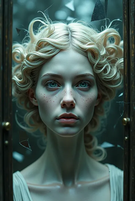 create an image with a surreal technique half human face half the face of a Greek goddess that also includes broken mirrors and half-open doors or labyrinths