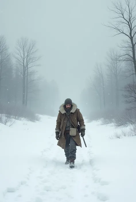  A man in the middle of a snowfall , walking to nowhere  