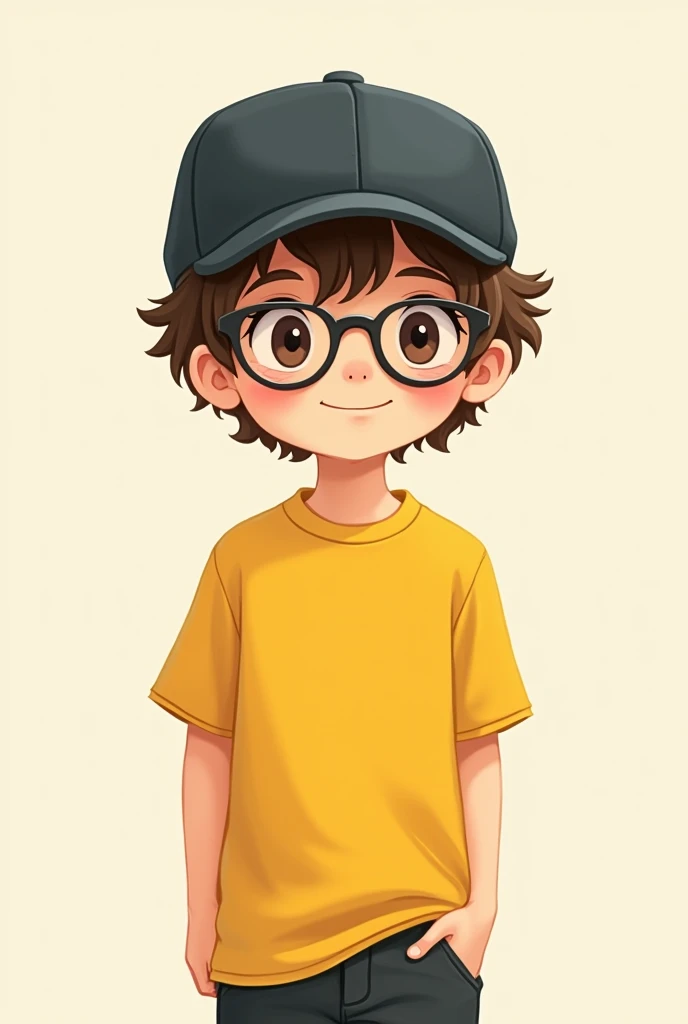  Boy in the yellow shirt, dark cap and glasses . drawing style