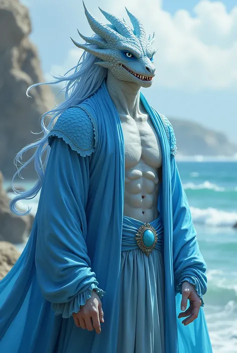 Draconians, they have small spots of scaly skin but they are in a HUMAN FORM and they have sharp teeth, and wear robes and  should be a Water Element Draconians so wearing light blue with blue eyes and blue hair and pale skin. A male one in a Human Form