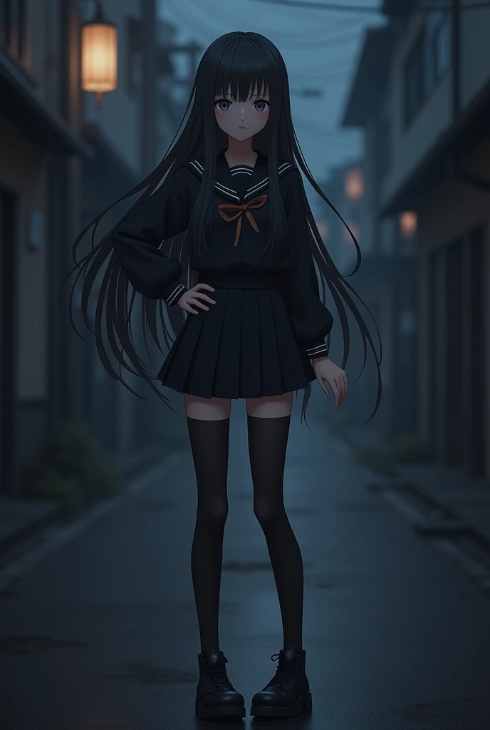 A young anime-style girl ,  with long black hair,  bangs and a black school uniform ,  a short black miniskirt ,  light gray eyes and black cleats ,  that wears long black panties and that has a serious expression on her face and who has one hand on her wa...