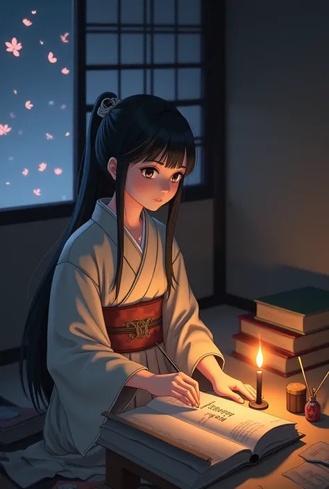  A young scholar is in a Japanese feudal room ,  illuminated by the soft light of a candle . She sits on a tatami ,  surrounded by scrolls and old books ,  with brushes and ink at her side ,  focused on her calligraphy .  The candle flame casts delicate sh...