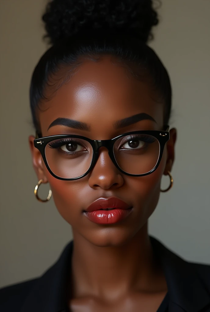 beautiful black girl, tied back hair in bun, light red lipstick makeup, wearing black glasses revealing her beautiful eyes with a seductive gaze and a beautiful smile, (best quality,4k,8k,highres,masterpiece:1.2),ultra-detailed,(realistic,photorealistic,ph...