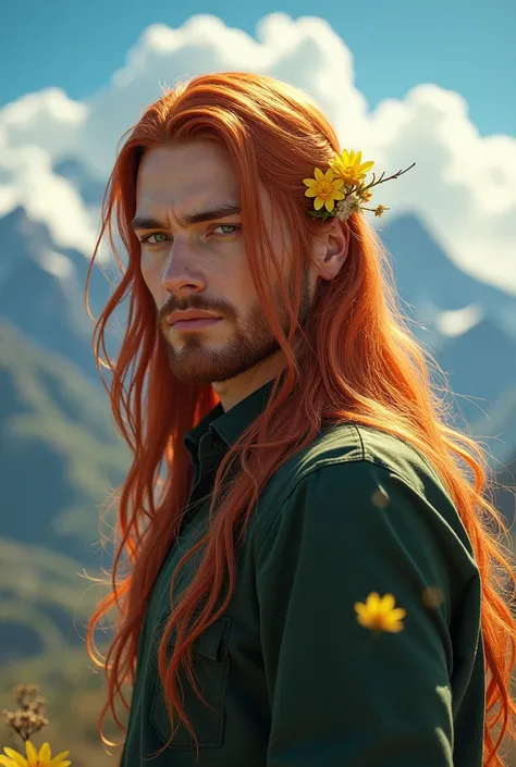 Special man of a realistic high quality real beauty with green eyes long straight red hair with yellow flowers background blue sky with very strong sun with bright rays mountains with bright clouds totally beautiful 