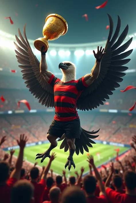 Vulture with sample muscles and open wings , wearing a jersey without team emblem with horizontal stripes in red and black,  lifting the Brazil Cup cup in the middle of the packed soccer stadium