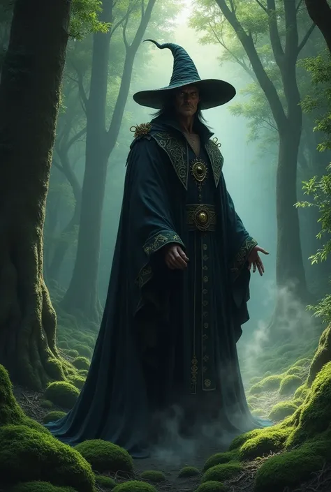 Give me a man dressed as a sorcerer with a black witchs hat in the middle of a forest 