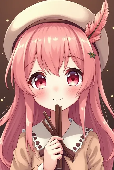 Big Eyes, anime,  cute illustration ,  delicate details , Eyelashes, POP, Hair is pink ,  have Pocky ,  background is chocolate ,  1 girl, とてもLong Hair,  pink eyes,  Ukiyo-e,  very detailed, Long Hair,  Had, smile,  Blushing , Beret, 最 high quality,  very ...