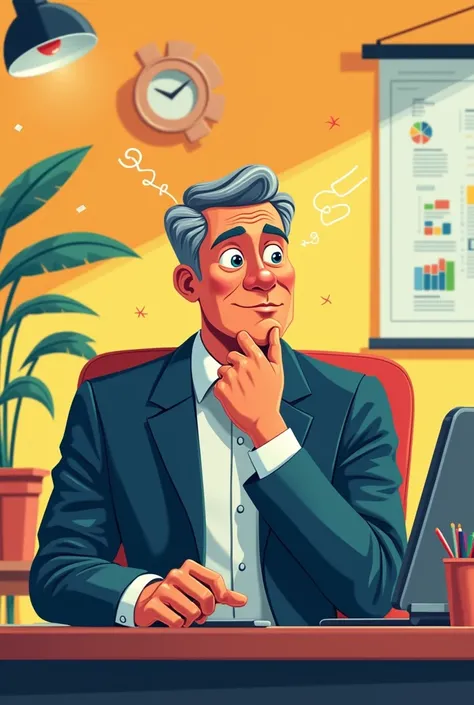 a man thinking about how to improve his business in cartoon mode 