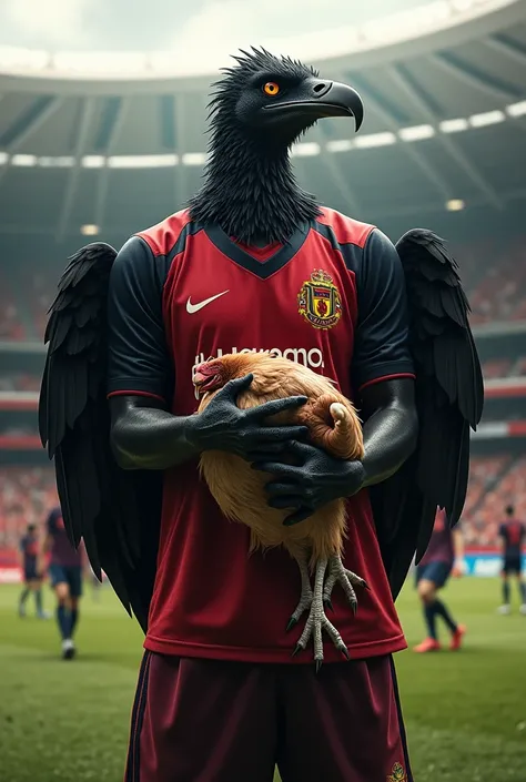 I want an image of Flamengos vulture wearing the Flamengo jersey at the stadium holding a dead chicken