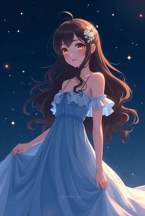 A stunning anime girl with long, wavy brown hair and warm, captivating brown eyes stands under the starry night sky. Her elegant blue dress shimmers in the moonlight, accentuating her graceful figure. Small, delicate flowers are woven into her hair, adding...